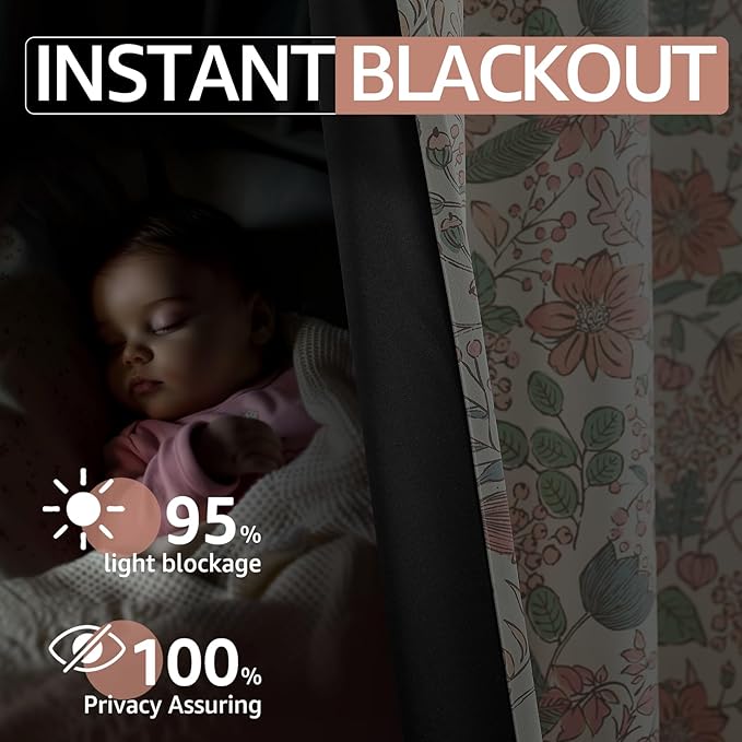 3dgiftroom Pink Floral Blackout Curtains 84” Set